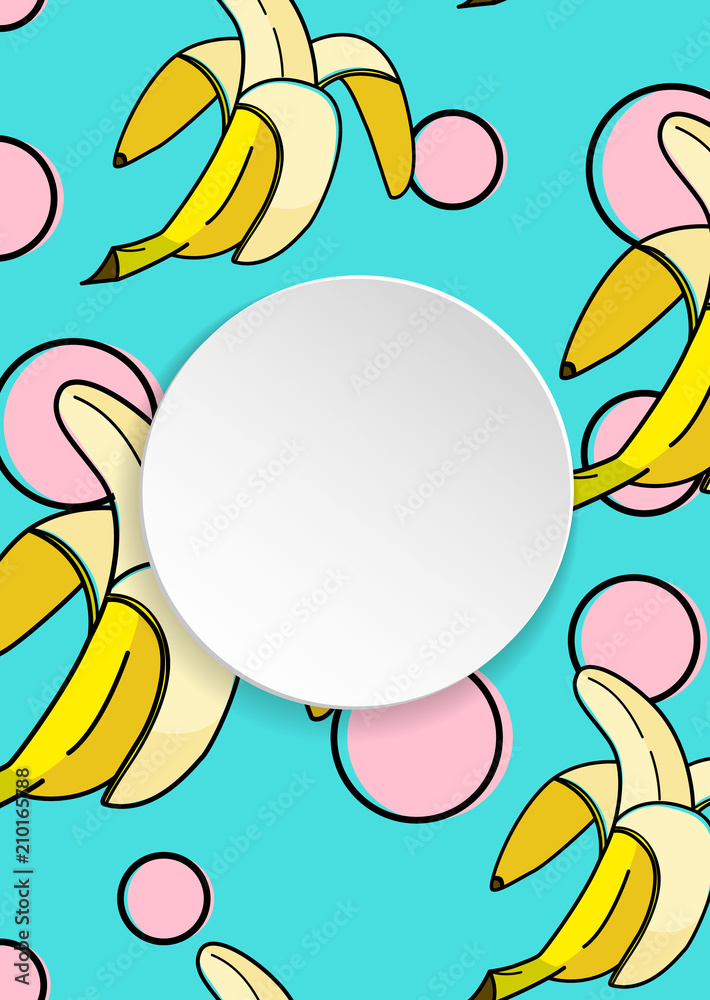 Banana background with pop art dots in 80s, 90s style. Summer tropical banner with 3d paper plate. Fruit label with banana background for season sale, special offer, flyer and ad. Cute template.