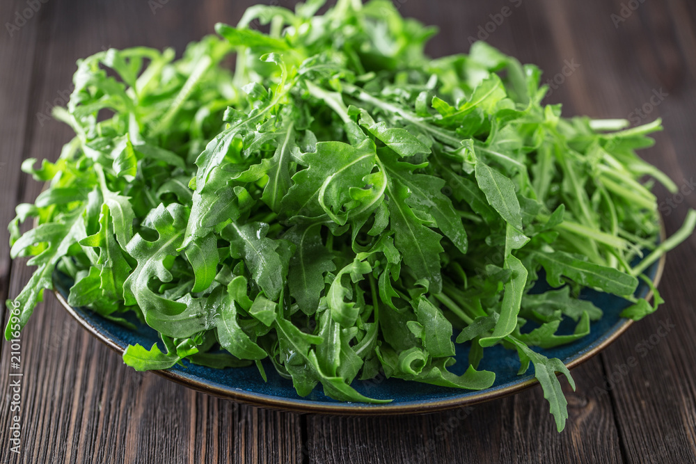Fresh green arugula in bowl on table. Arugula rucola for salad. Close up of fresh green healthy food. Diet concept Fresh green arugula in bowl on table. Arugula rucola for salad. Close up of fresh green healthy food. Diet concept