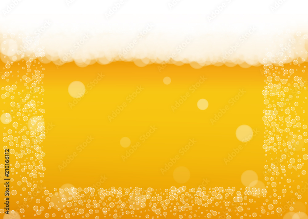 Beer background with realistic bubbles. Cool beverage for restaurant menu design, banners and flyers. Yellow horizontal beer background with white foam. Cold glass of ale for brewery design. Beer background with realistic bubbles. Cool beverage for restaurant menu design, banners and flyers. Yellow horizontal beer background with white foam. Cold glass of ale for brewery design.