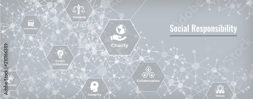  Social Responsibility Web Banner Icon Set and Web Header Banner w Honesty, integrity, & collaboration, etc