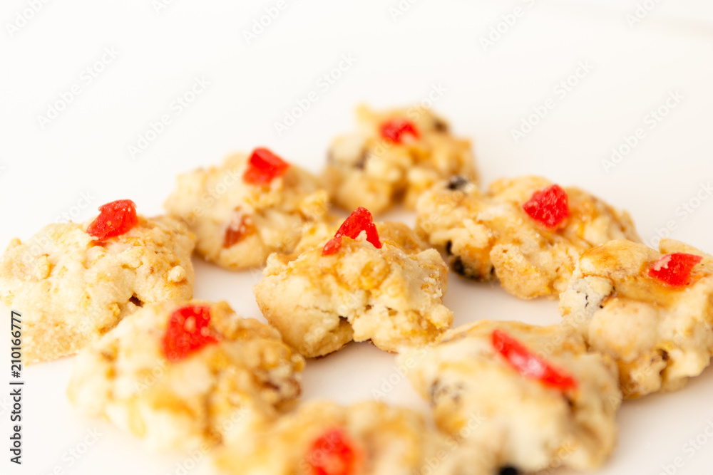 Selective focus dessert with dry fruit on white background