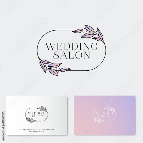 Wedding Salon Logo & identity. Wedding Salon emblem. Elegant round badge with pink leaves and letters. Flower shop.