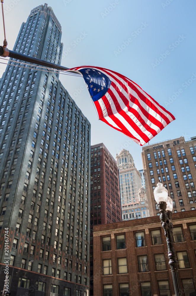  US Flag in Front of Skyscrapers 
