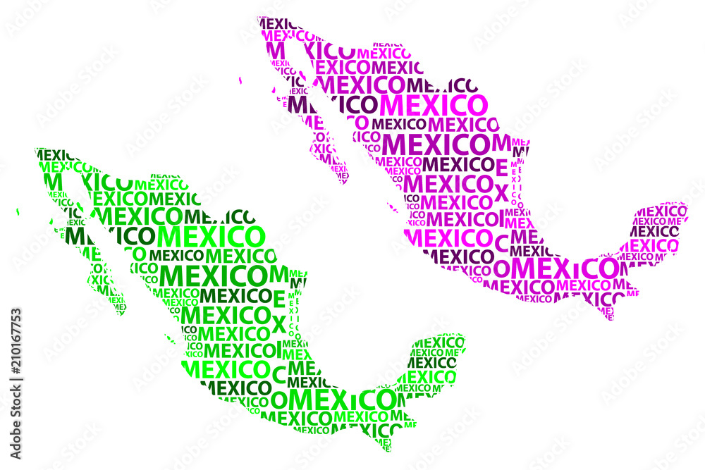 Sketch Mexico letter text map, Mexico - in the shape of the continent, Map of United Mexican States - green and purple (violet) vector illustration