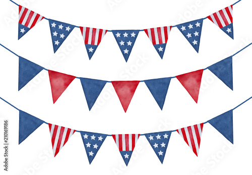 Collection of festive holiday bunting with the United States flag ornament. Hand drawn water color graphic illustration, isolated clipart elements. American patriotic decorations. Triangular shape.