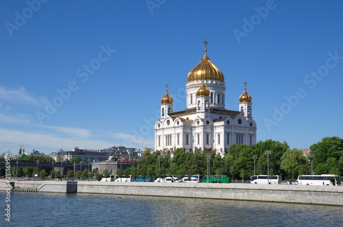 Summer view of the Cathedral of Christ the Saviour and Prechistenskaya embankment in Moscow, Russia