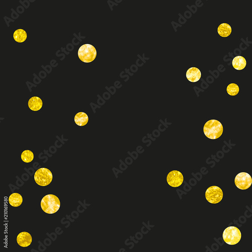 Gold glitter dots confetti on isolated backdrop. Shiny random falling sequins with sparkles. Template with gold glitter dots for party invitation, banner, greeting card, bridal shower.