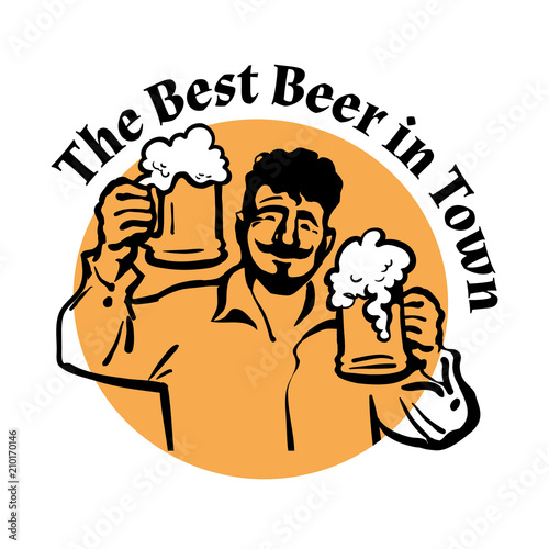Man with two beer mugs. The best beer in town. Vector.