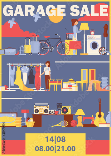 Vector vertical poster or flyer for garage sale with used goods