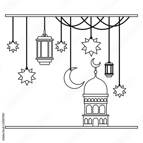 arabic castle with moon and decoration hanging vector illustration design