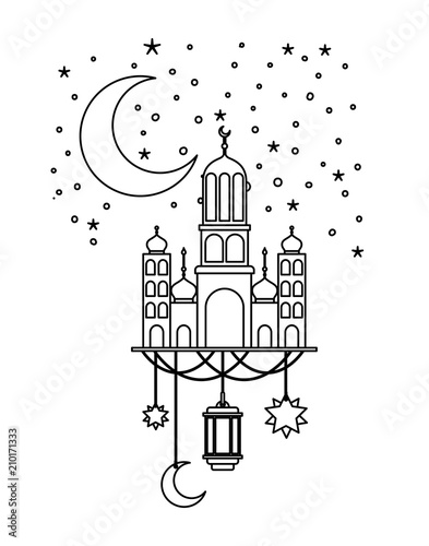 arabic castle with moon and decoration hanging in the night vector illustration