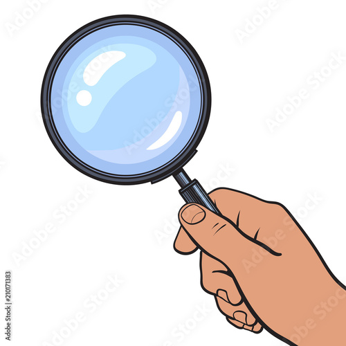 Hand holding magnifying glass. Vector.