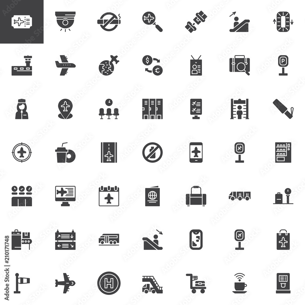 Airport vector icons set, modern solid symbol collection, filled style pictogram pack. Signs, logo illustration. Set includes icons Flight Ticket, Airplane, Flight attendant, Conveyor, Metal detector Airport vector icons set, modern solid symbol collection, filled style pictogram pack. Signs, logo illustration. Set includes icons Flight Ticket, Airplane, Flight attendant, Conveyor, Metal detector