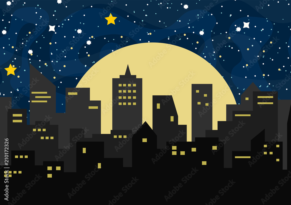 Obraz Wektorowa tło ilustracja z nocy miastem, niebem, gwiazdami i pyłem ,.