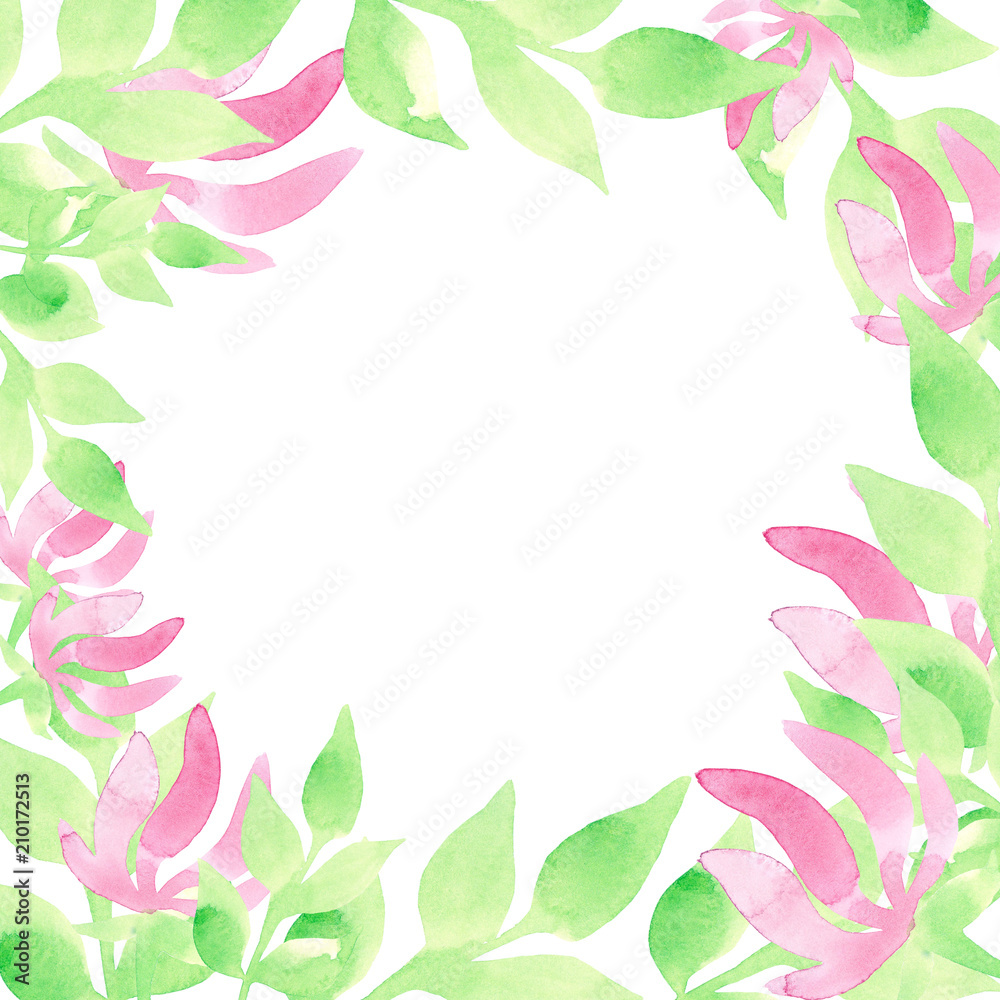 Watercolor illustration. Frame with flowers and leaves on a white background