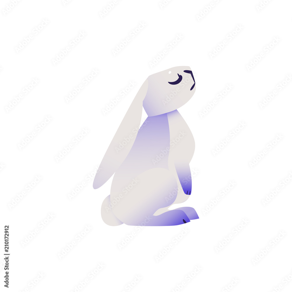 Obraz premium Cute rabbit with ultra violet ears and legs sits with close eyes dreaming or sniffing isolated on white background - cartoon cute dreamlike colorful fluffy bunny character in vector illustration.
