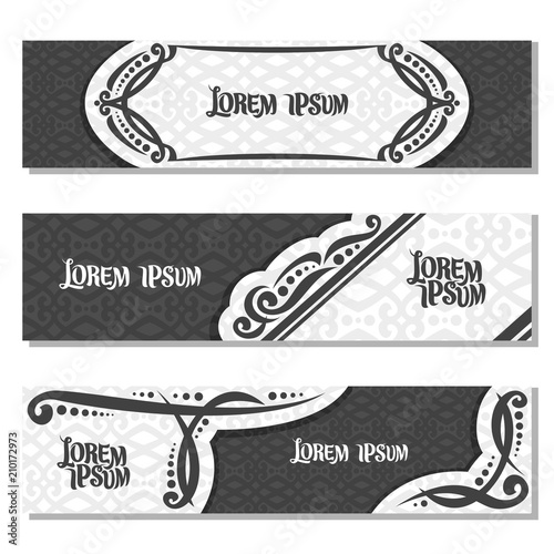 Vector set of black and white horizontal banners, 3 decorative headers for obituary or condolence with copy space for text, vintage templates for nostalgic theme with elegant flourishes and dots.