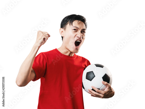 Asian Thai people soccer fan football in red sleeve shirt isolated on white. photo