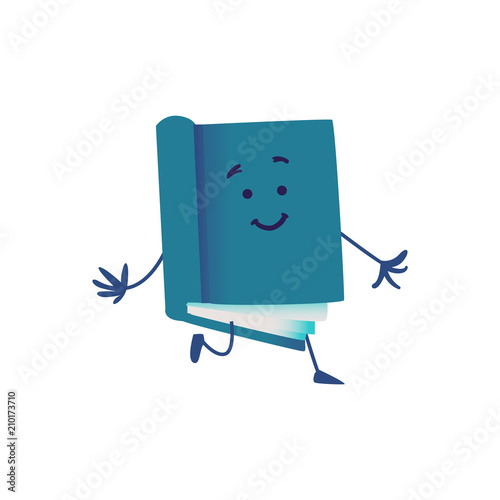 Funny book cartoon character running ahead isolated on white background. Cute educational element personage with smiling face for back to school concept in vector illustration.