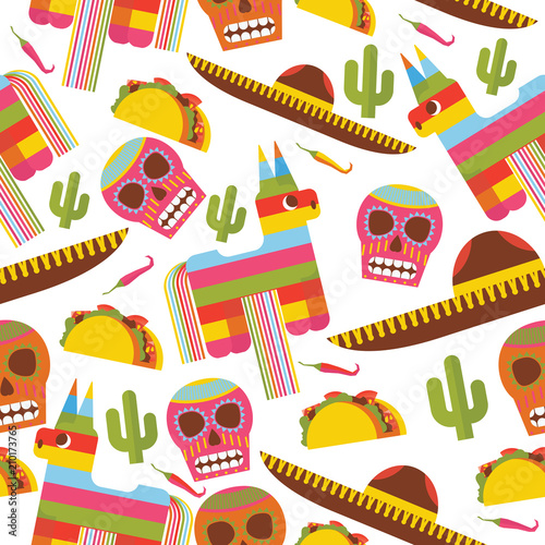 Seamless pattern with pinata, sombrero hat, scull, taco and cactus. Design dedicated to mexica and mexican traditional objects