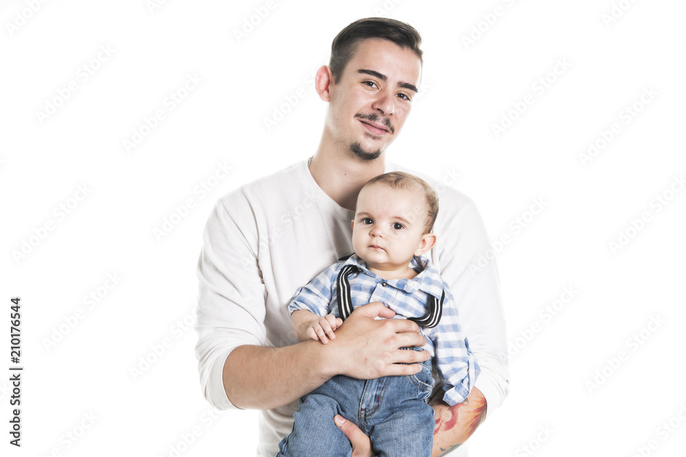 Father holding small one hand cute baby Father holding small one hand cute baby