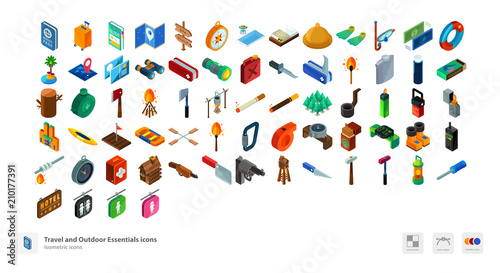 Travel and outdoor essentials icons