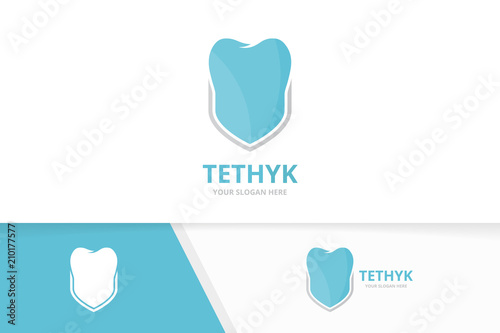 Vector tooth and shield logo combination. Dental and security symbol or icon. Unique dentist and guard logotype design template.
