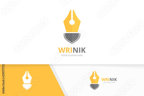 Vector pen and shield logo combination. Write and security symbol or icon. Unique law and guard logotype design template.