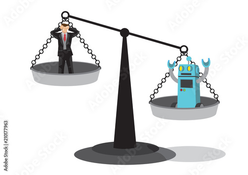 Human and robot on the weighting scale. Depicts automation, future job market and artificial intelligence bringing danger to the human workforce. Concept of Human vs Robot.