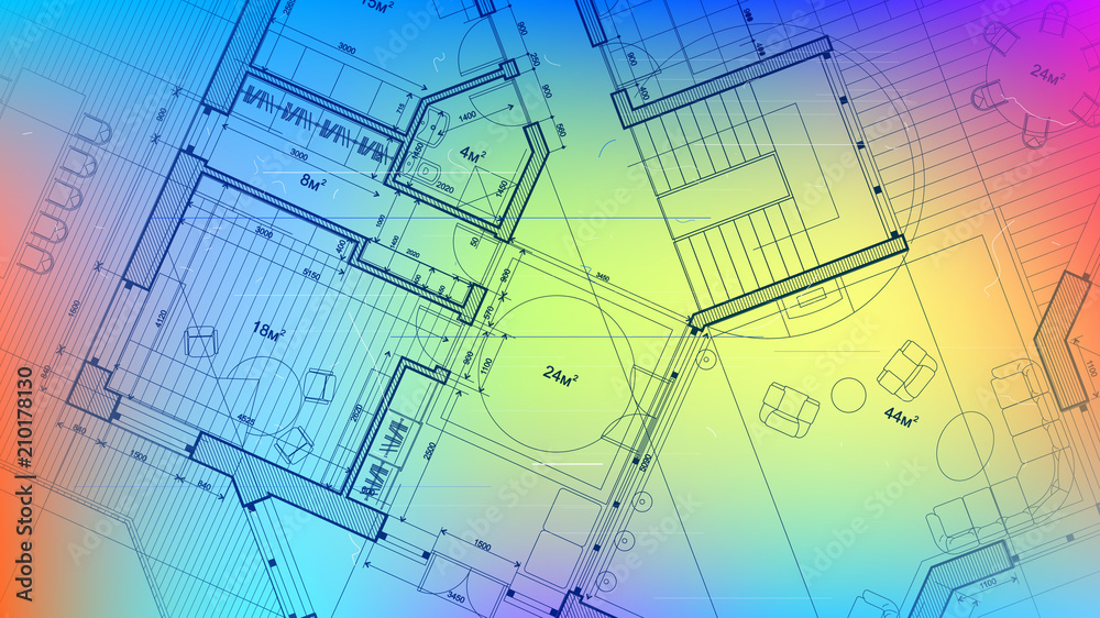 architectural blueprint - the architectural plan of a modern residential building with the layout of the interiors of different rooms, elements of furniture & equipment on a technological background architectural blueprint - the architectural plan of a modern residential building with the layout of the interiors of different rooms, elements of furniture & equipment on a technological background
