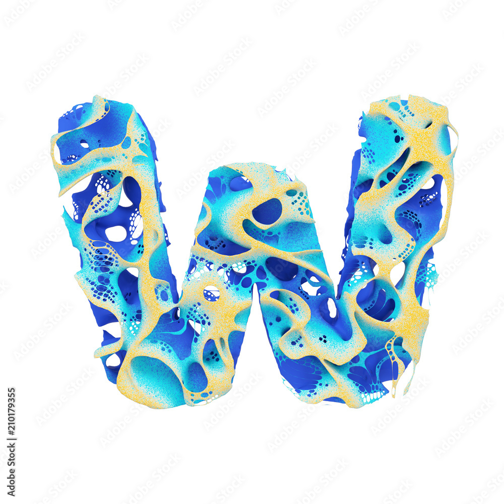 Sea alphabet letter W uppercase. Tropical exotic font made of blue wavy water and yellow sand. 3D render isolated on white background.
