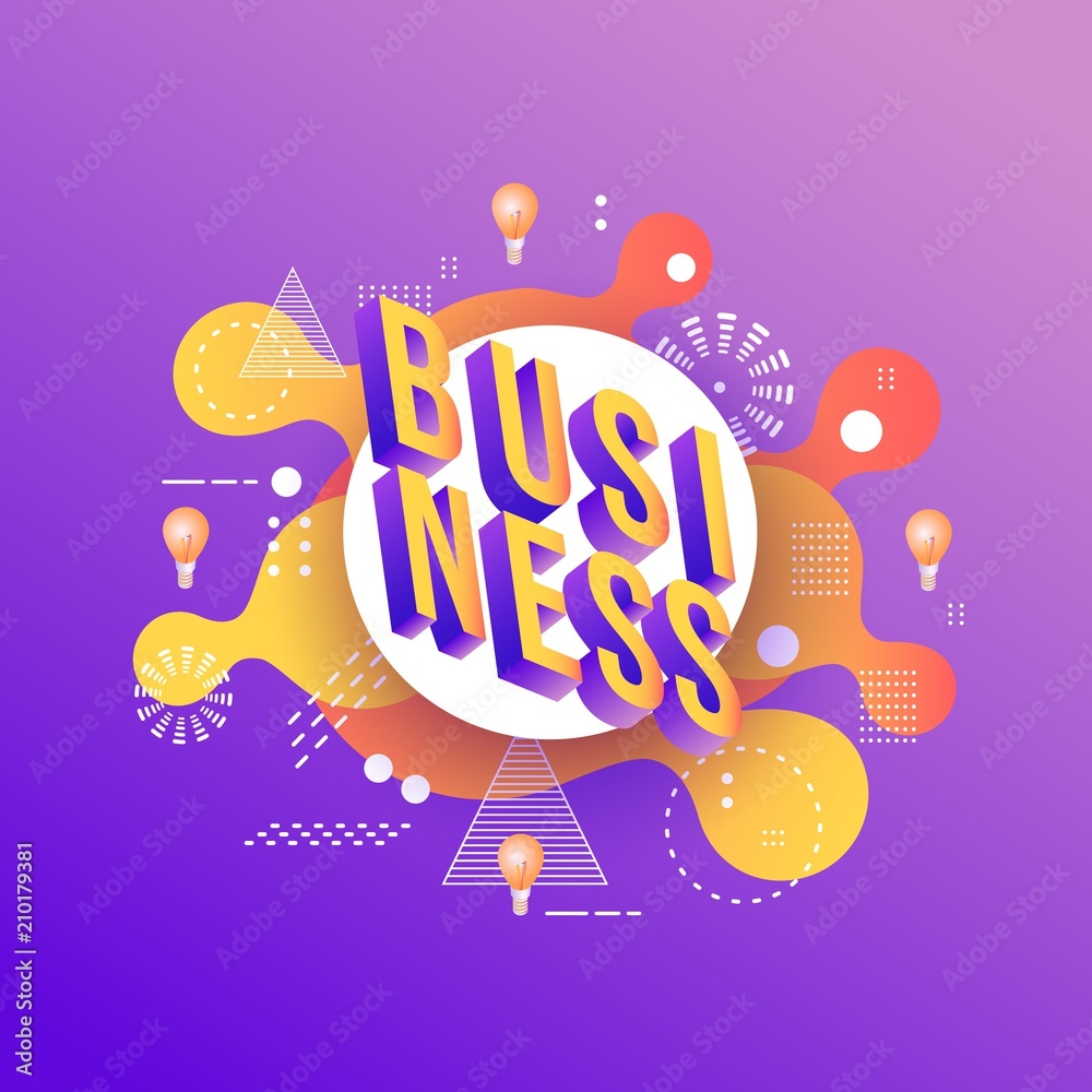 Business isometric sign design with volumetric letters and light bulbs on modern bright violet gradient background with abstract geometric bubble shapes and textures, isolated vector illustration. Business isometric sign design with volumetric letters and light bulbs on modern bright violet gradient background with abstract geometric bubble shapes and textures, isolated vector illustration.