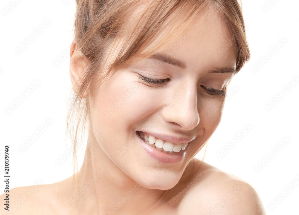 Beautiful young woman with silky skin on white background Beautiful young woman with silky skin on white background