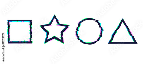 Vector Set of Glitch Geometric Shapes: Square, Circle, Star and Triangle.