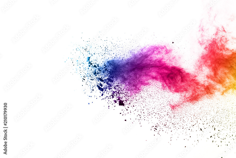 abstract powder splatted background. Colorful powder explosion on white background. Colored cloud. Colorful dust explode. Paint Holi.