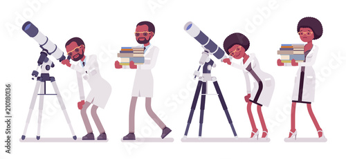 Male and female black scientist with telescope
