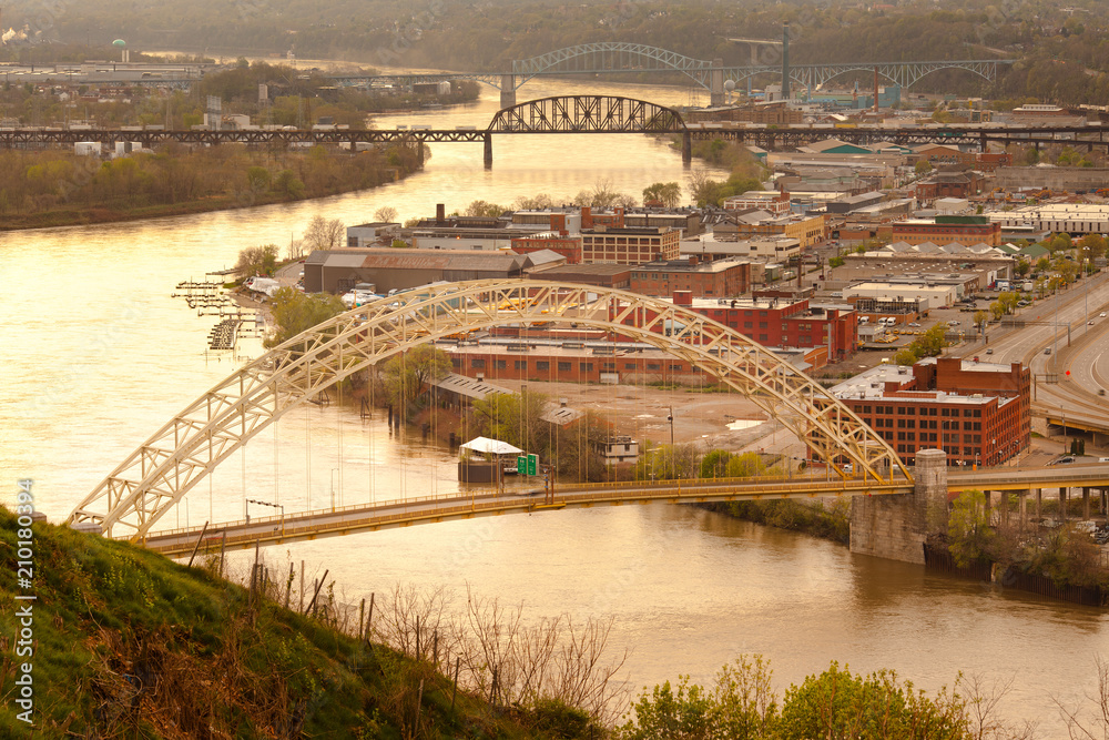 West End bridge and warehouses on Chateau neighborhood and bridges over the Ohio River, Pittsburgh, Pennsylvania, USA