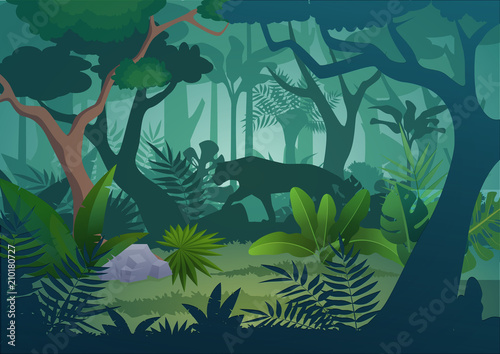 Vector cartoon tropical jungle rainforest background with walking jaguar tiger.
