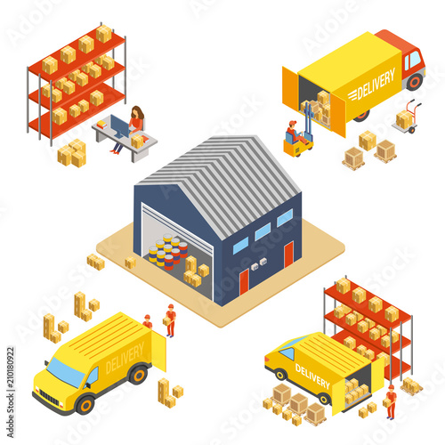 Logistics and delivery isometric concept set with warehouse building, workers with delivery boxes and cargo transport trucks vector illustration.