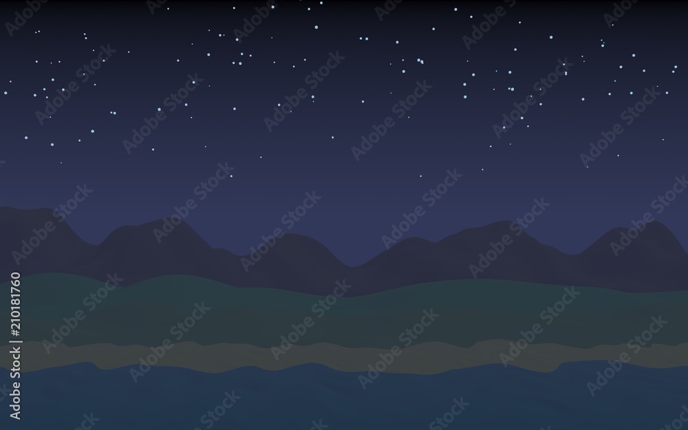 Starry moonless sky. Ocean shore line with waves on a beac