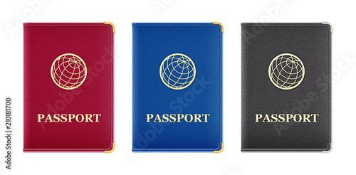 Red, blue, and black passport cover. Set of realistic