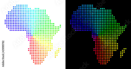 Spectral dotted Africa map. Vector geographical scheme in bright spectral colors with circular gradient on white and black backgrounds. Dots have rhombus shape.