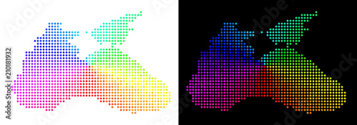 Spectral dot Black Sea map. Vector geographic plan in bright spectral colors with circular gradient on white and black backgrounds. Dots have rhombus form.