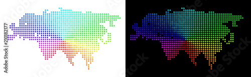 Spectrum dotted Eurasia map. Vector geographical scheme in bright spectral colors with circular gradient on white and black backgrounds. Dots have rhombus shape.