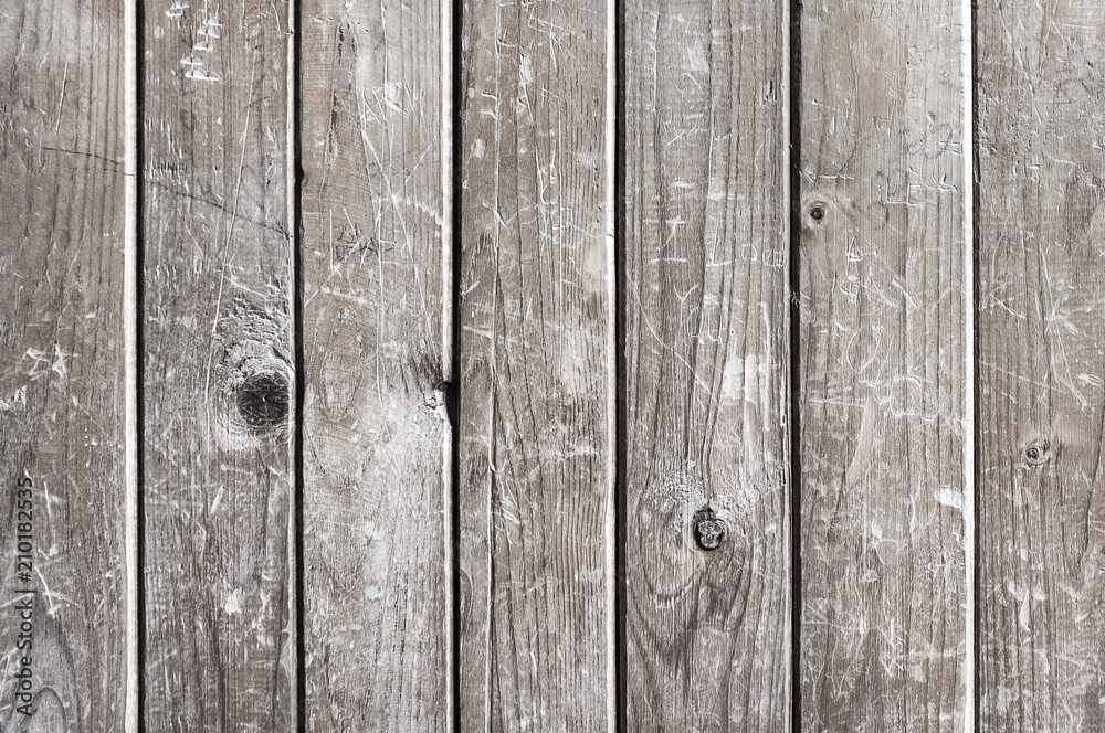 Fototapeta premium Wooden wall of modern scratched planks background, Texture of old light wood