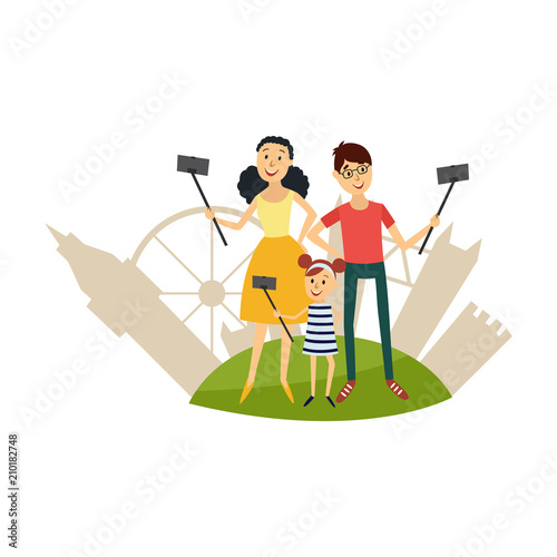 Cheerful family characters making selfie by stick or monopod from smartphone smiling on background of sightseeing of london - tower, wheel. Selfie on vacation concept. Vector illustration