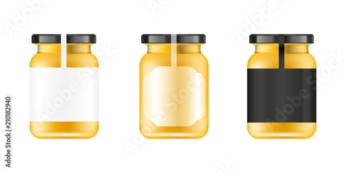 Realistic glass jar. Food bank. Sause packaging design. Mock up glass jar with design label or badges. Vector illustrations.