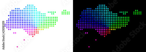 Spectrum dotted Singapore map. Vector territorial plan in bright spectrum colors with circular gradient on white and black backgrounds. Pixels have rhombic form.