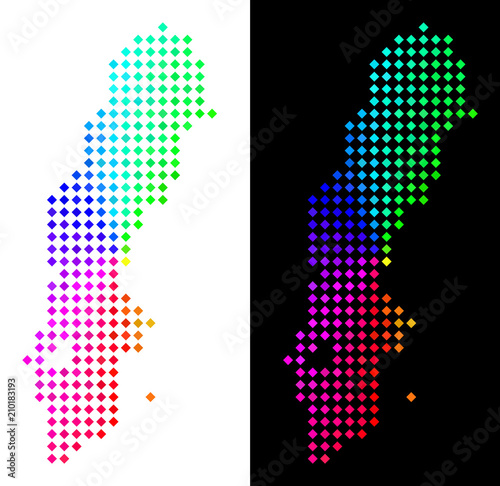 Colored dotted Sweden map. Vector territory plan in bright spectral colors with circular gradient on white and black backgrounds. Points have rhombic shape.