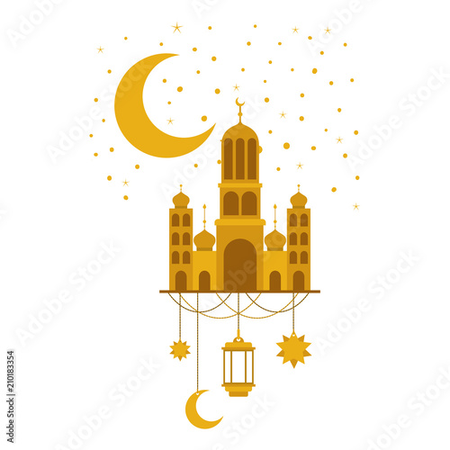 arabic castle with moon and decoration hanging in the night vector illustration